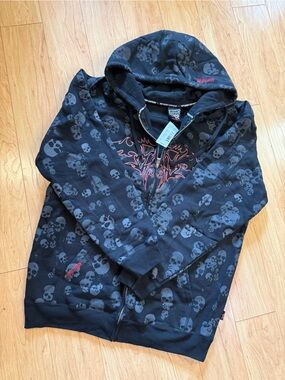 Vintage 2007 Top Heavy Skull Zip Hoodie Black Y2K Grunge Goth NWT
